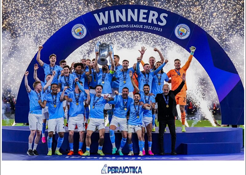 Manchester City players celebrate after winning the Champions League final soccer match against Inter Milan at the Ataturk Olympic Stadium in Istanbul, Turkey, Sunday, June 11, 2023. (AP Photo/Manu Fernandez)